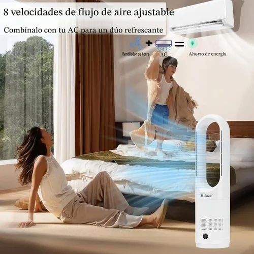 Vista 3 de Hiluce Ventilador sin aspas para dormitorio, ventilador de enfriamiento de torre, control remoto silencioso de 20 dB, 8 velocidades, temporizador