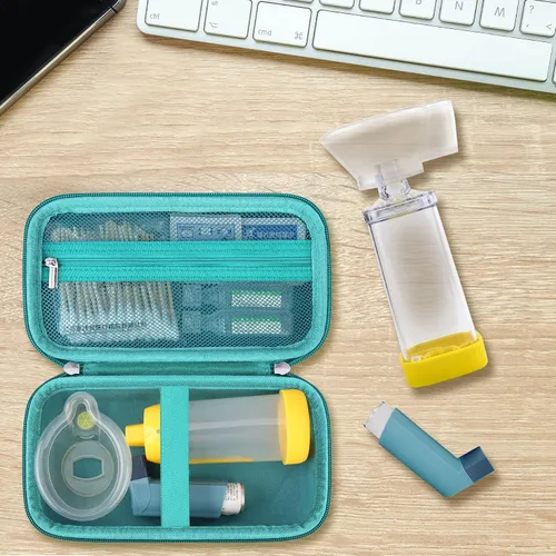 Vista 6 de Estuche rígido para inhalador de asma, espaciador de mano para niños y adultos, máscaras, soporte para inhalador, bolsa de viaje para asma