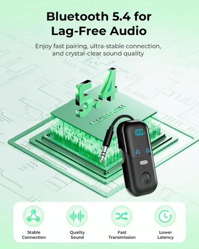 Vista 6 de Receptor transmisor Bluetooth 5.4 aptX adaptativo para 2 AirPods/auriculares, adaptador de audio Bluetooth 2 en 1 con micrófono y pantalla LED