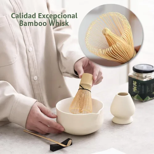 Vista 6 de Ochcahser Juego de matcha de cerámica, incluye cuenco de matcha con boquilla, soporte para batidor de matcha (chasen), batidor de bambú y cuchara
