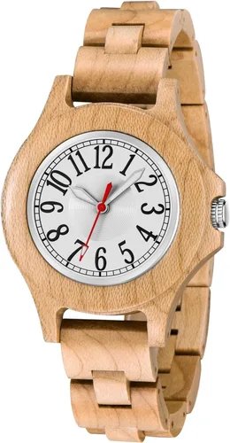 Vista 9 de Reloj de luz de madera para mujer, reloj analógico para mujer, correa de madera con cierre plegable, relojes de madera para mujer