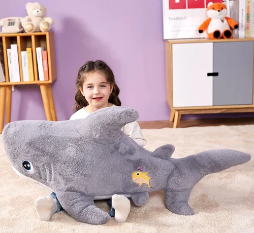Vista 3 de IKASA Juguete de peluche de tiburón gigante, 39 pulgadas, juguetes suaves grandes y bonitos, enorme tamaño grande, esponjoso, de gran