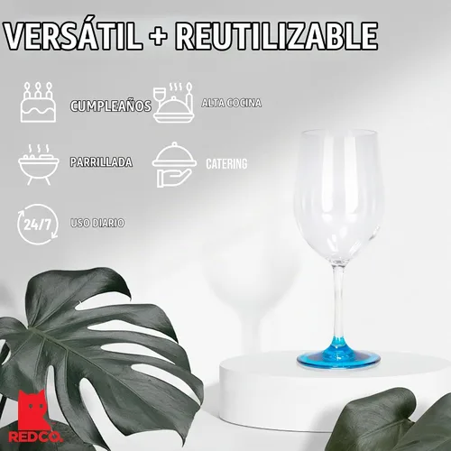 Vista 4 de Red Co. Juego de 6 copas de vino clásicas de acrílico transparente de 12 onzas líquidas para exteriores con bases multicolores