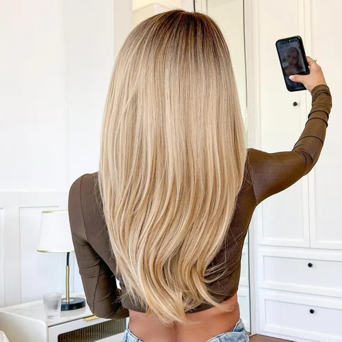 Vista 5 de HAIRCUBE Pelucas largas rubias para mujer, peluca sintética recta en capas con flequillo y raíces oscuras