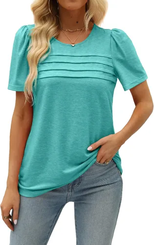 Vista 2 de Camisetas casuales de verano para mujer, manga corta, cuello redondo, manga abombada, ajuste holgado