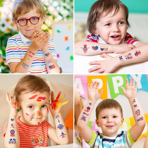 Vista 3 de Decoraciones del 4 de julio, tatuajes temporales, 8 hojas impermeables para el Día de la Independencia, tatuajes falsos adhesivos patrióticos