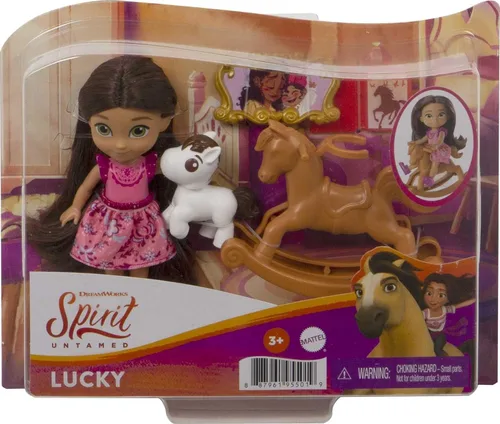 Vista 6 de Mattel Spirit Untamed Young Lucky Doll (aprox. 4 pulgadas) con 5 articulaciones móviles y accesorios de historia, incluye caballo mecedora y caballo