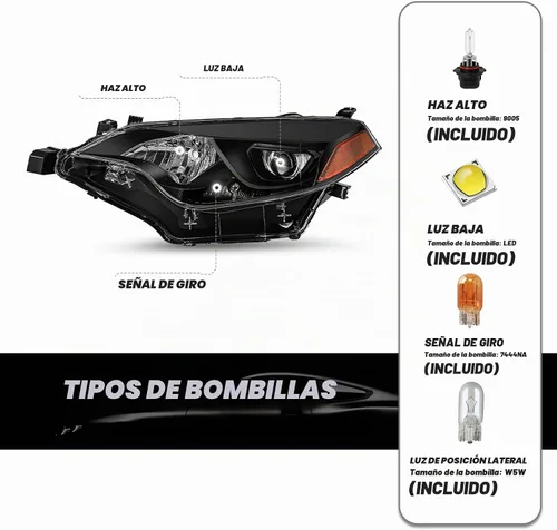 Vista 2 de SOCKIR - Conjunto de faros delanteros para Toyota Corolla 2014 2015 2016 Carcasa negra con reflector ámbar