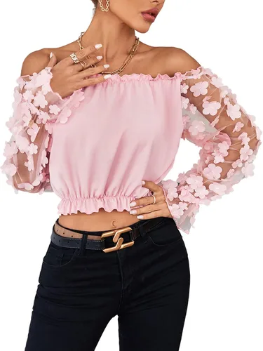 Vista 3 de LYANER Blusa corta de manga larga con volantes y hombros descubiertos para mujer