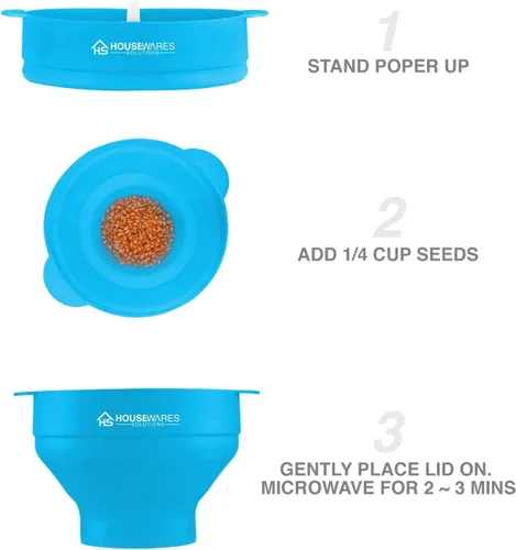 Vista 4 de BRENSTEN - Tazón plegable de silicona para palomitas de maíz con aire caliente para microondas con tapa y asas - Aqua