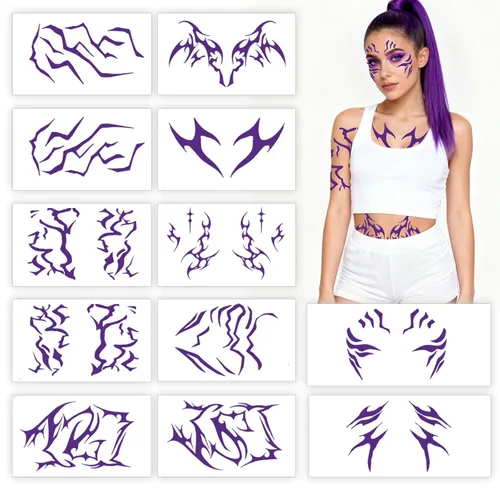 Vista 12 de 12 tatuajes temporales morados que brillan en la oscuridad, tatuajes falsos de baile para cosplay, Halloween, festival de música, maquillaje