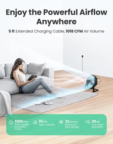 Vista 3 de Ventilador de suelo portátil de 10 pulgadas, funciona con pilas, ventilador recargable inalámbrico, ventilador inalámbrico de alta velocidad, carga