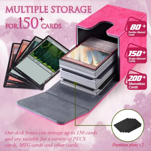 Vista 6 de tombert Caja de cubierta premium de más de 150 para MTG, PTCG, gran capacidad con 2 divisores, se adapta a más de 150 tarjetas con funda TCG