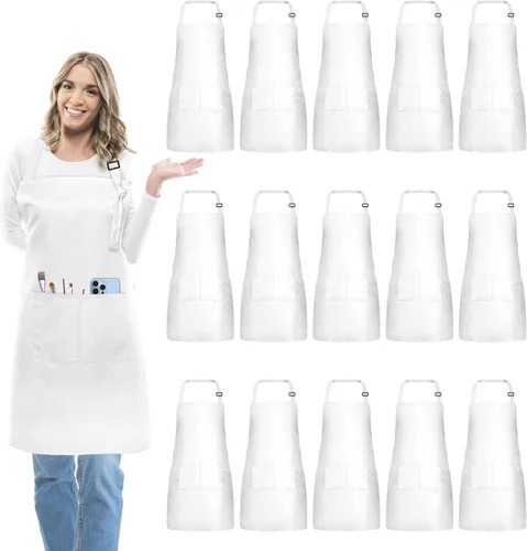 Vista 18 de 15 delantales para adultos a granel con bolsillos, delantal de chef ajustable para mujeres y hombres, pintura, cocina, manualidades (S/L)