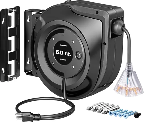 Vista 11 de DEWENWILS - Carrete de cable de extensión retráctil de 60 pies con 6 tomas de tierra, cable de alimentación resistente con tapón de bloqueo