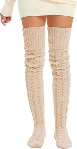 Vista 7 de SherryDC Calcetines hasta el muslo de punto trenzado para mujer, calentadores de piernas, extra largos por encima de la rodilla, medias altas