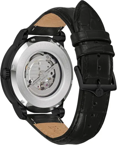 Vista 3 de Bulova Men's Classic 3-Hand Automatic Leather Strap Watch, 21-Jewels, Hack Feature, Luminous Hands and Markers,Open Aperture and Exhibition Case Back