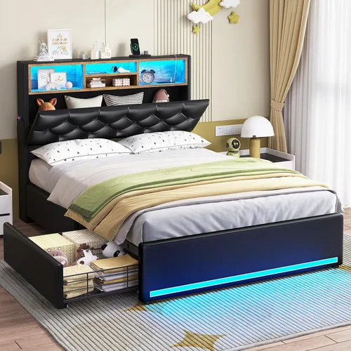 Vista 12 de HAUOMS - Base de cama Queen con cabecero y 4 cajones, tapizado de poliuretano negro Pu Negro