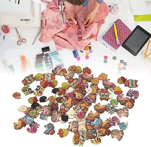 Vista 4 de Pssopp Botones para manualidades, 1.2 pulgadas de largo, lindos animales, coloridos y ligeros, botones de madera para coser, manualidades