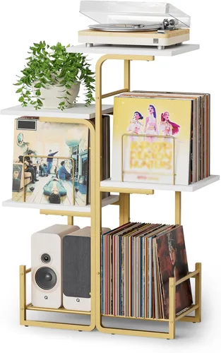 Vista 9 de Bikoney - Soporte para tocadiscos inspirado en jardineras con gran almacenamiento de vinilo, mesa de tocadiscos vintage con estante para LP