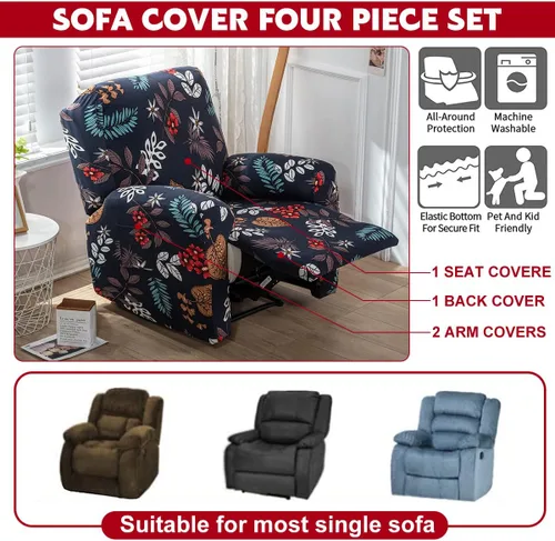Vista 7 de Juego de 4 fundas para sillón reclinable de alta elasticidad, funda suave para sofá de 1 asiento, funda estampada para silla reclinable con bolsillo