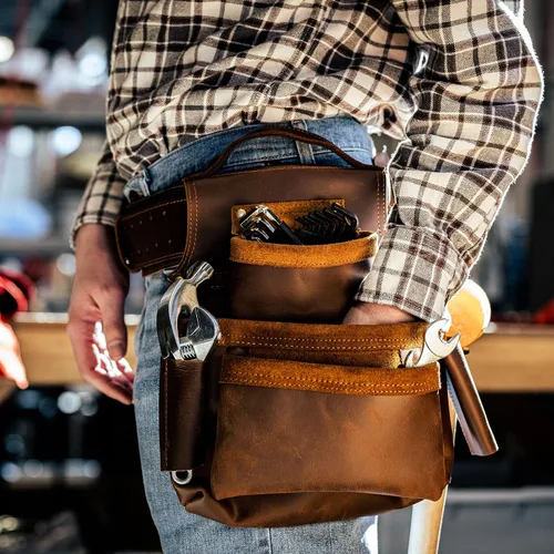 Vista 4 de Trailside - Cinturón de herramientas de cuero genuino para hombres, bolsa para martillos, carpinteros, electricistas, techos, construcción, súper