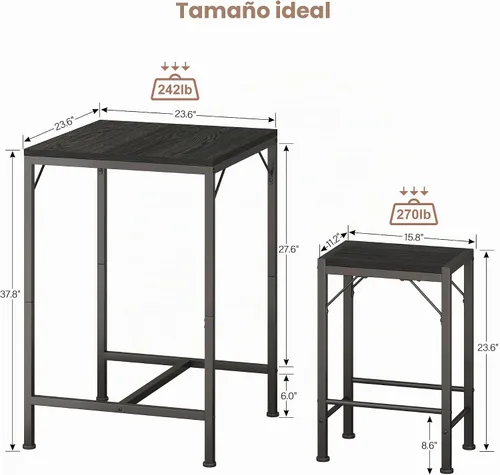 Vista 6 de Homeiju Juego de mesa y sillas de bar, mesa de bar cuadrada con 2 taburetes, juego de comedor que ahorra espacio para 2, perfecto para cocina