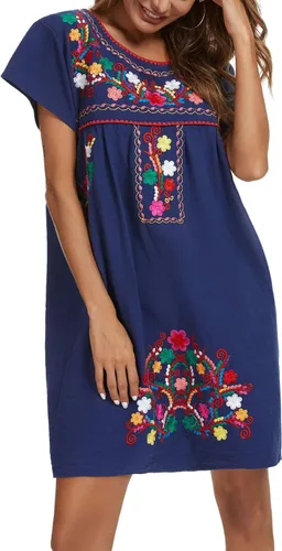 Vista 2 de YZXDORWJ - Vestido mexicano bordado de manga corta para mujer