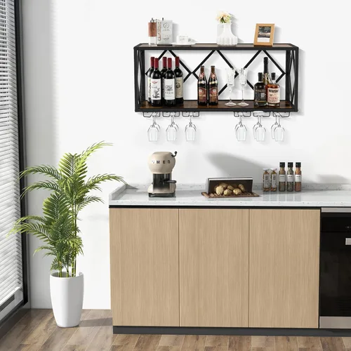 Vista 8 de Giantex Estante industrial para vino montado en la pared, soporte de pared de metal para 39 botellas de vino con 12 soportes para vidrio, estante