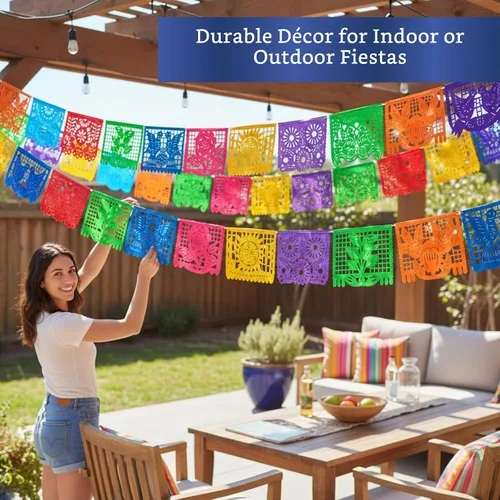 Vista 6 de Pancartas de fiesta mexicana (paquete de 5 con 10 banderas de plástico por bandera), papel picado mexicano para fiesta, papel picado de plástico