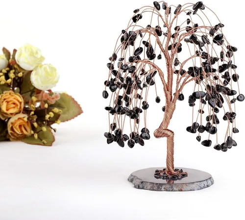 Vista 2 de Jovivi Árbol de cuarzo con cristales curativos de turmalina negra natural, árbol del dinero, base de ágata geoda, adornos de Feng Shui, decoración