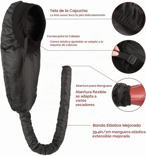 Vista 3 de Segbeauty - Accesorio para secador de pelo con capucha, extra grande, ajustable, con correa elástica para el cuidado del cabello rizado natural Negro