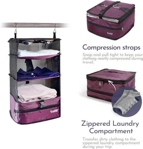 Vista 6 de Grand Fusion Stow-N-Go Organizador de equipaje de viaje Estantes de viaje colgantes portátiles, organizador de armario de mano, cubos de embalaje