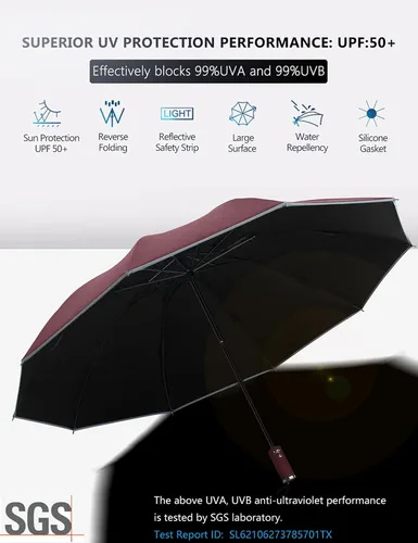 Vista 2 de XIXVON Umbrella Pro UPF 50 99 UV Protection Reflective Safety Strip Sturdy Windproof Travel Portable Automatic Reverse Folding Umbrella