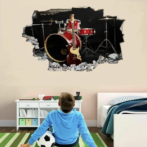 Vista 3 de Calcomanías de pared de guitarra, arte de tambores aplastados 3D, calcomanías de pared extraíbles, mural de pared musical, dormitorio, vinilo