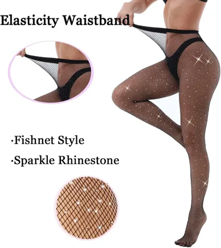 Vista 6 de VEBZIN Medias de red brillantes y sexys con joyas de cintura alta para mujer, mallas de red de diamantes de imitación para fiesta