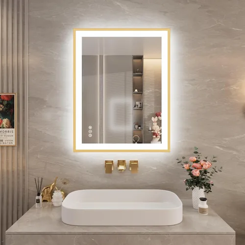 Vista 13 de Espejo de baño LED de 24x28 pulgadas con marco negro, espejos de baño retroiluminados y con luz frontal para pared, antiempañamiento, regulable