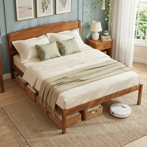Vista 11 de KOMFOTT Marco de cama de tamaño individual, cama de plataforma de madera Nogal