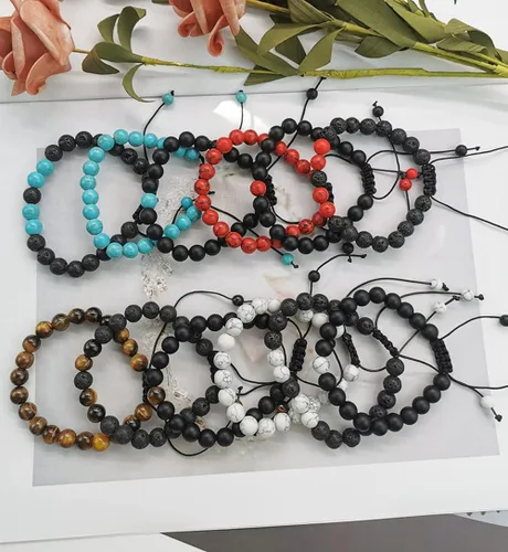 Vista 7 de FINZOR 12 pulseras de cuentas para hombres y mujeres de 0.315in, ojo de tigre, piedra de lava ajustable, aceites esenciales para la ansiedad