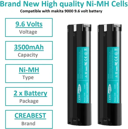 Vista 3 de CREABEST Paquete de 2 baterías de repuesto 9.6V 3500mAh compatibles con Makita 9000 9001 9002 9033 9600 96003 193890-9 192696-2 632007-4 6096D 6093D