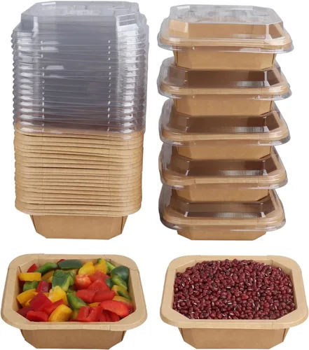 Vista 6 de Tazones de papel kraft desechables de 10 onzas con tapas, contenedor de alimentos, paquete de 50