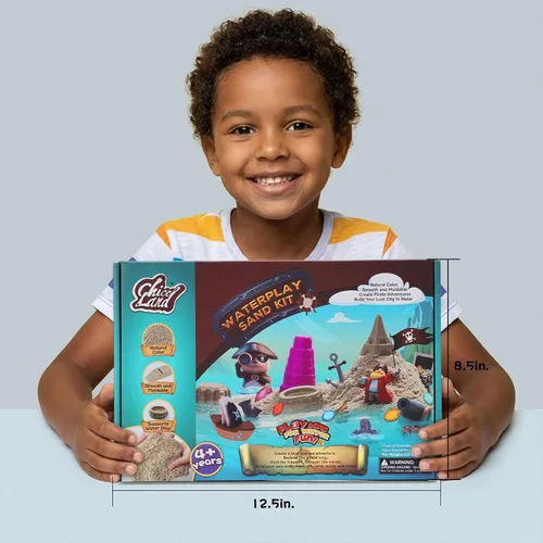 Vista 4 de Kit de arena sensorial y acuática: arena de juego de aventura pirata de 2.2 libras para niños a partir de 4 años, juego de agua y caja de arena