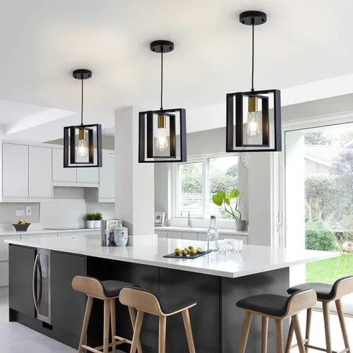Vista 6 de Lámpara colgante negra de granja, candelabro pequeño de 1 luz, lámpara de comedor de madera con cable ajustable, luces colgantes para pasillo, isla