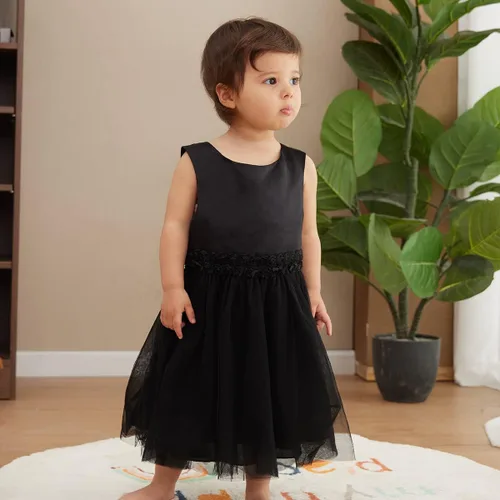 Vista 3 de OPAWO Vestido negro para niña pequeña, dama de honor, 3D, tul de encaje, vestido de princesa de satén, vestido de fiesta, concurso, funerario