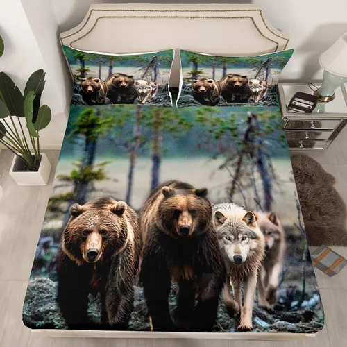 Vista 2 de Erosebridal Juego de sábanas tamaño individual de oso marrón para niños y niñas, juego de sábanas de lobo salvaje safari salvaje, juego de sábanas