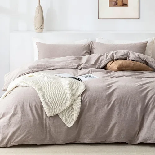 Vista 21 de Juego de funda de edredón Queen de 100% algodón lavado 3 piezas, ropa de cama suave, cómoda y transpirable con toque de lino, 1 funda de edredón y 2
