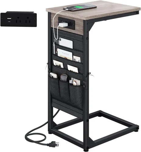 Vista 10 de Mesa auxiliar en forma de C con estación de carga rápida, mesa lateral pequeña para sofá con bolsa de almacenamiento, bandeja de TV para sofá