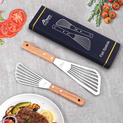 Vista 7 de HOTEC 2 piezas Espátula de pescado de acero inoxidable con mango de madera, espátula de metal para voltear alimentos