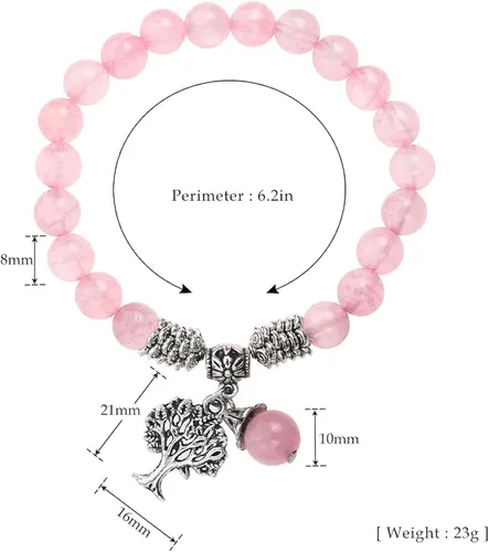 Vista 6 de Top Plaza Pulsera elástica de cuarzo rosa con diseño de árbol de la vida piedra de la suerte reiki piedras preciosas de cristal curativo colgante