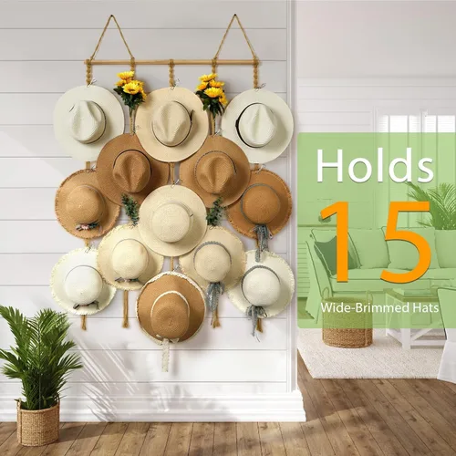 Vista 2 de Organizador de Sombreros de Macramé para Pared 15 Clips 31x53 Pulgadas Colgadores Grandes Exhibidor para Sombreros Fedora para Soporte de Sombreros